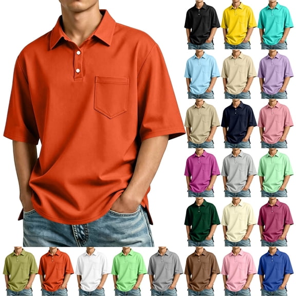 GrmtClth Men's Polo Shirts Loose Fit Half Sleeves Soft Touch Poly Buttons Chest Pocket Solid Color Lightweight Casual Polo Shirt for Men Daily Walking Vacation Weekend Outfits Vermilion M