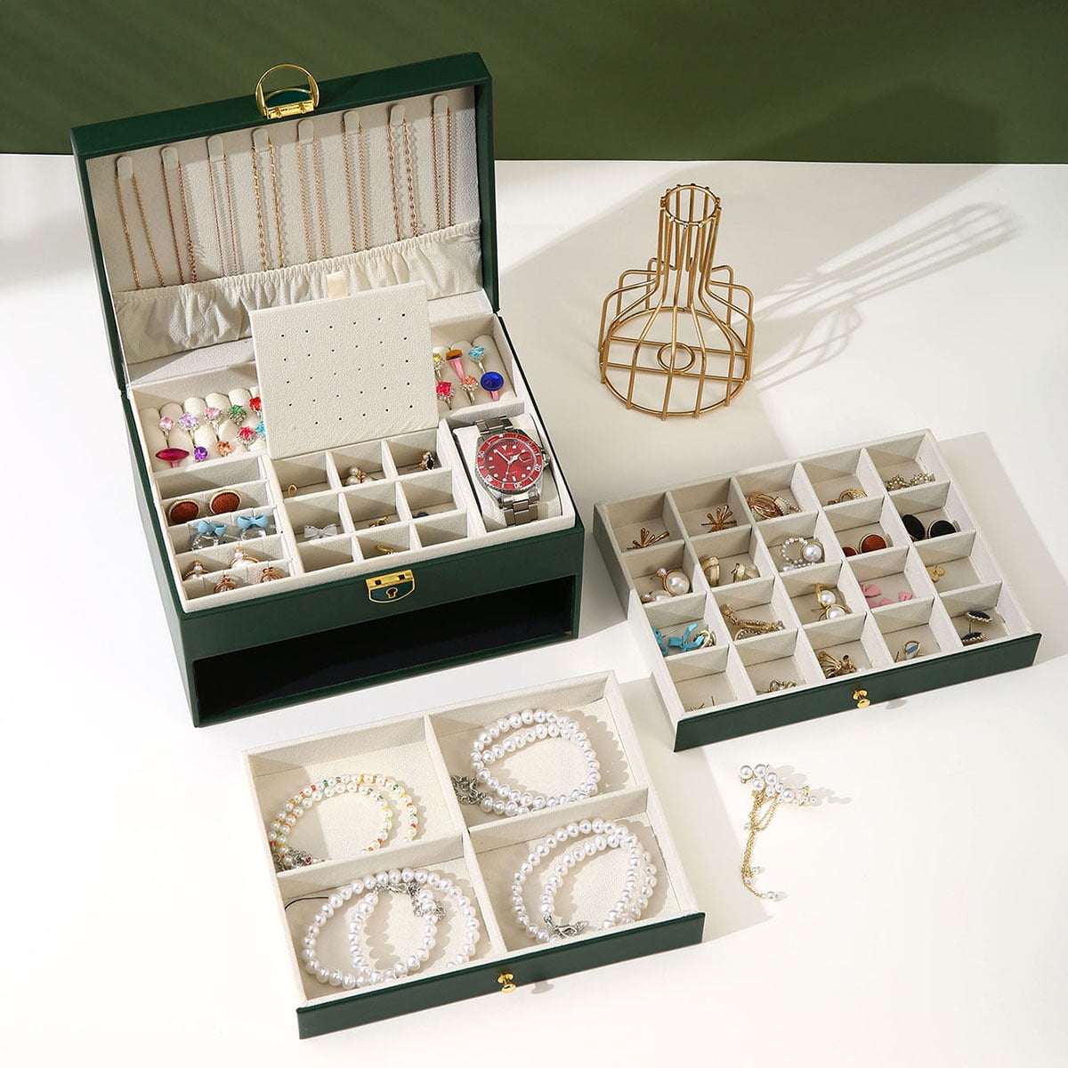 Womens Gifts for Christmas,Jewelry Box for Women,Large Jewelry Organizers and Storage,3 Layer Jewelry Box with Lock with Removable Tray for Necklaces Earrings Bracelets Rings Watches - Green
