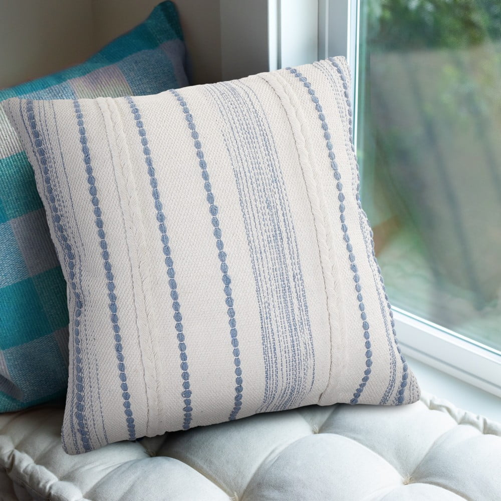 Harlow Hill Davina White/Blue Striped Cotton Adult Decorative Throw Pillow Cover