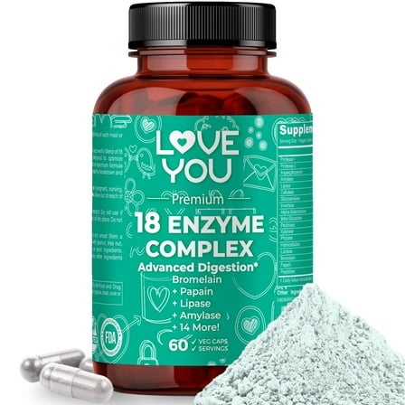 Love You 18 Enzyme Complex for Women and Men, Digestive Enzymes Supplement, High Potency, Multi-Enzyme - No More Gas, Digestive Comfort, Hemicullulase, Peptidase, 60 Veggie Caps / 60 Servings