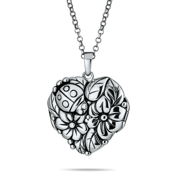 Bling Jewelry Womens Carved Leaves Heart Locket Necklace for Photos Sterling Silver Garden Ladybug