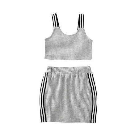 

Baby Girls Summer Clothes Set Sleeveless Ribbed Knit Camisole+Stripe Mini Skirts