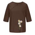 thumbnail image 4 of QQAMB Women Cotton Linen Top Crewneck Button Daisy Printed Short Sleeve Casual T Shirt Ladies Summer Fashion Blouse Top Brown 2XL, 4 of 4