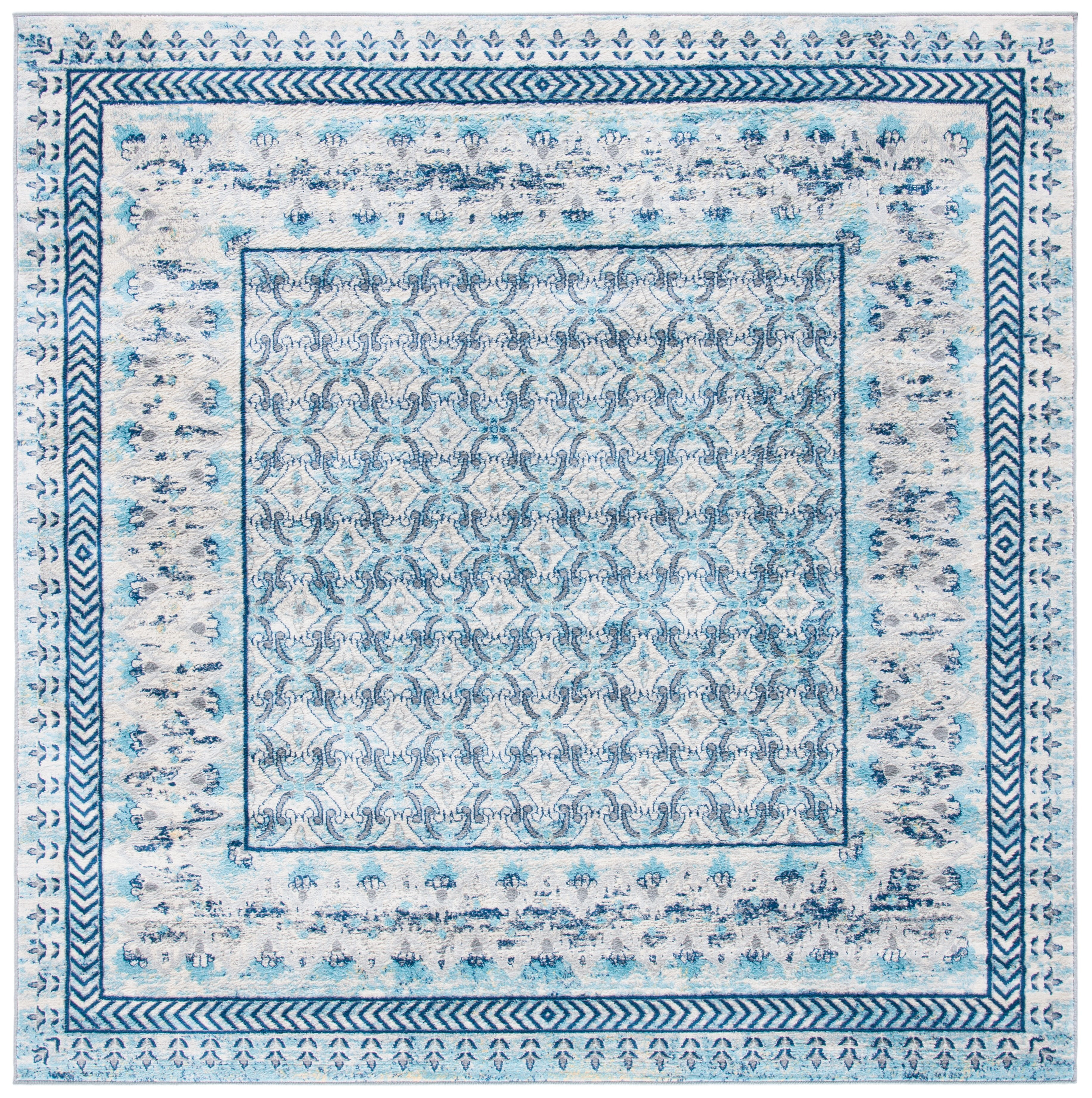 SAFAVIEH Brentwood Dory Geometric Area Rug, Ivory/Aqua, 6'7" x 6'7" Square