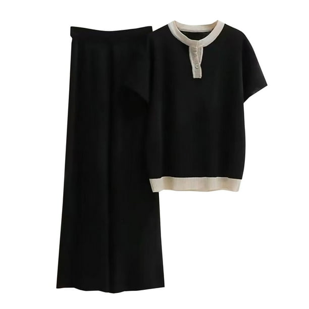 Puntoco-Conjunto de suéter de manga corta de Color sólido, top de punto, pantalones largos, conjunto de camiseta/camisa de manga corta con cuello redondo para mujer, liquidación Puntoco Puntoco-35