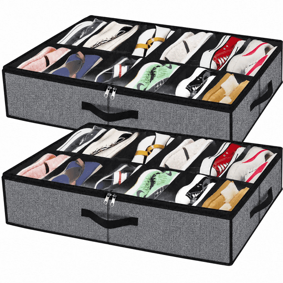Qiucioku 2-Pack Under Bed Shoe Storage Organizer for Closet, Foldable Fabric Shoe Box with Clear Cover and Handles