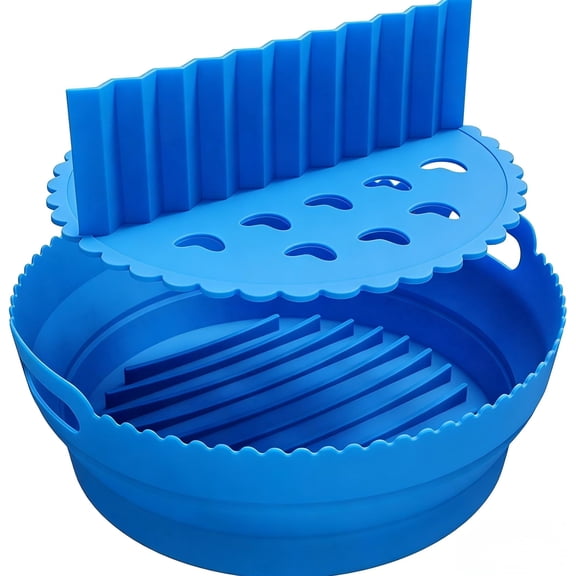 Air Fryer Liner 8.6 Inch Round Silicone, Reusable Non-Stick Collapsible Pot with Divider for 2 Flavors, Heat Resistant 446°F, Dishwasher Safe, Compatible with 5-8 QT Air Fryers, Blue