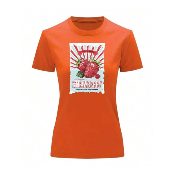 Playera Blusa De Fresas Strawberry Vintage Retro Ropa Casual Para Mujer Color Anaranjado Talla Chica Marca Emil SaEs