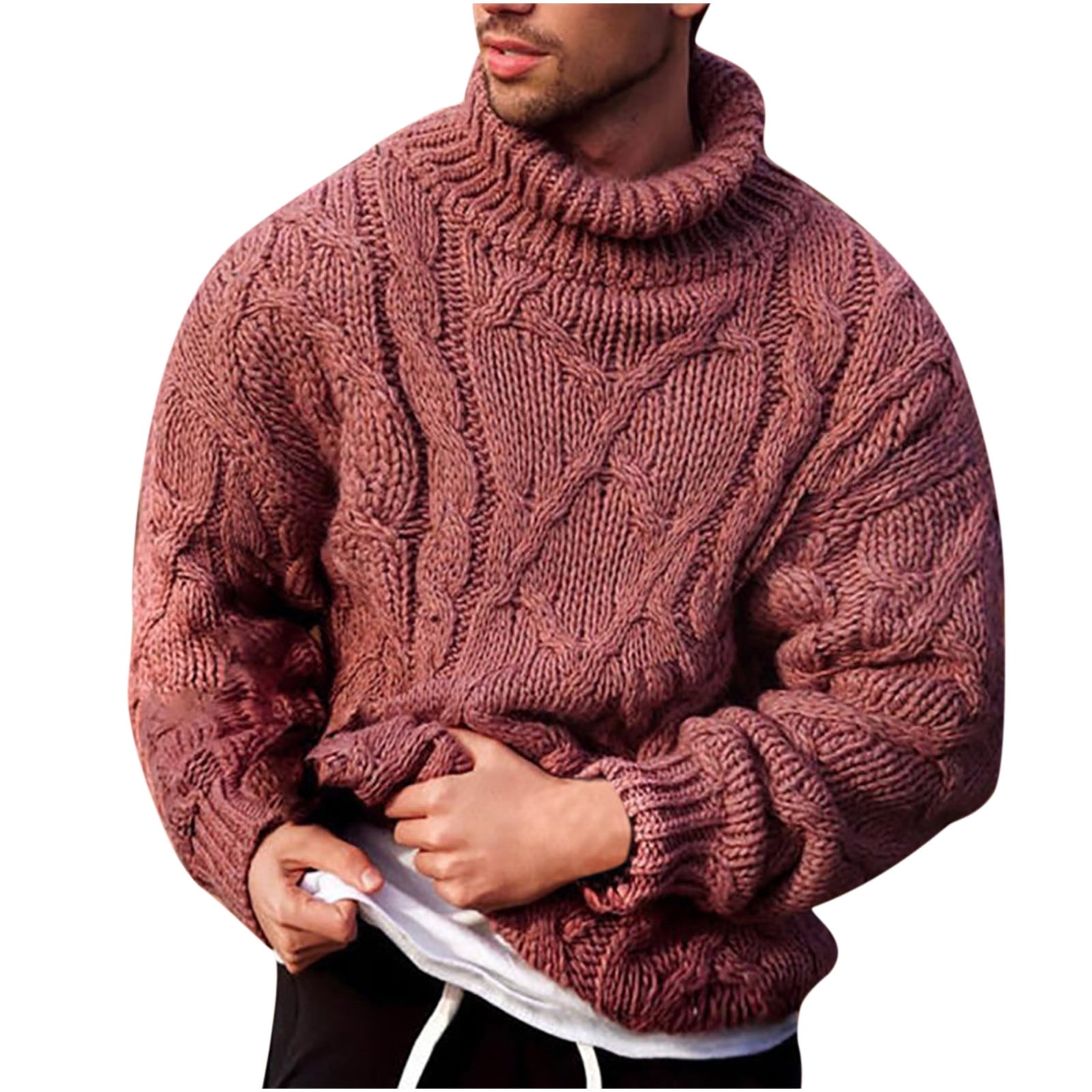 Angeun Mens Turtleneck Sweater Pullover Twisted Pattern Casual