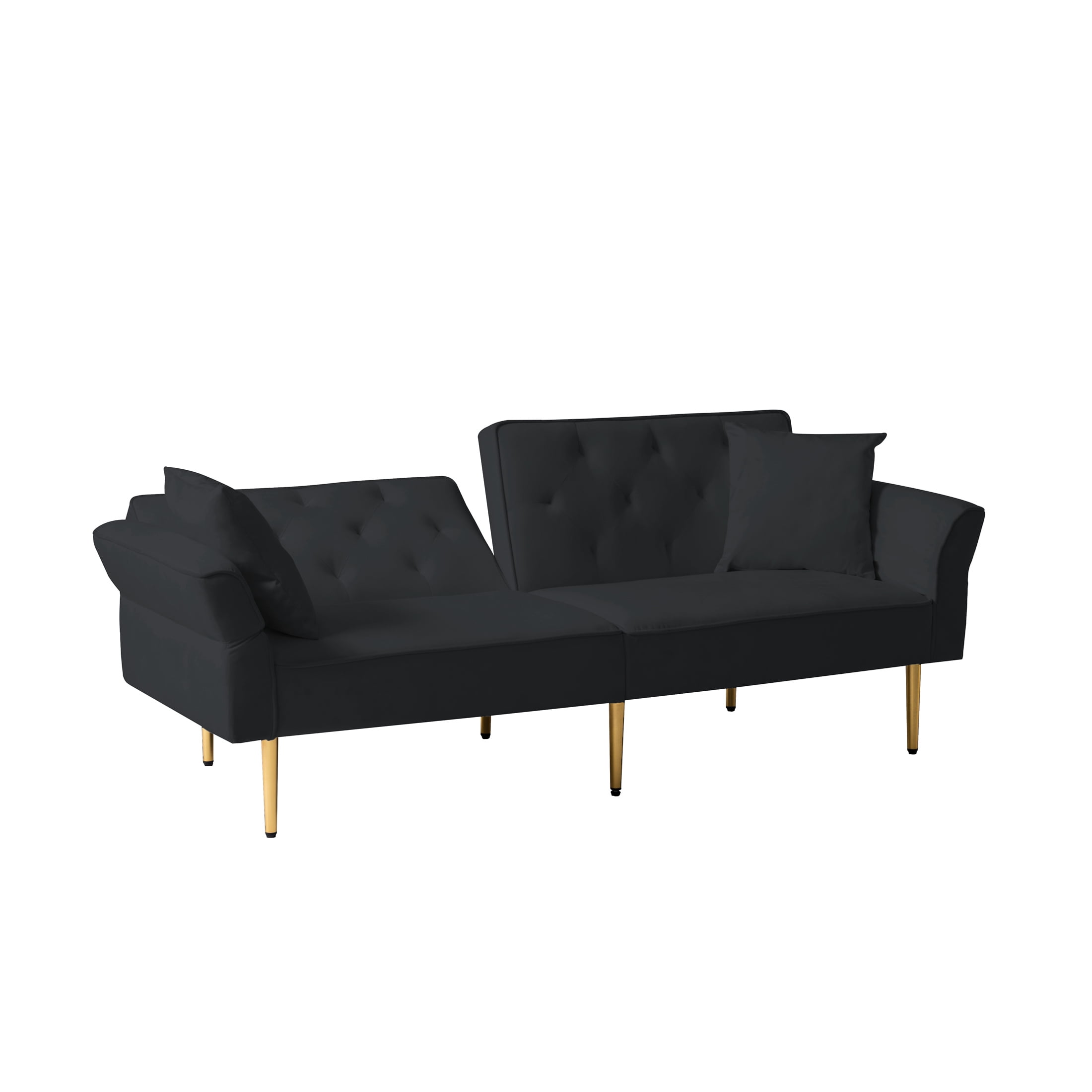 Aukfa 84" Wide Velvet Futon Convertible Sofa for Living Room, Folding Arm, 2 Pillows, Black