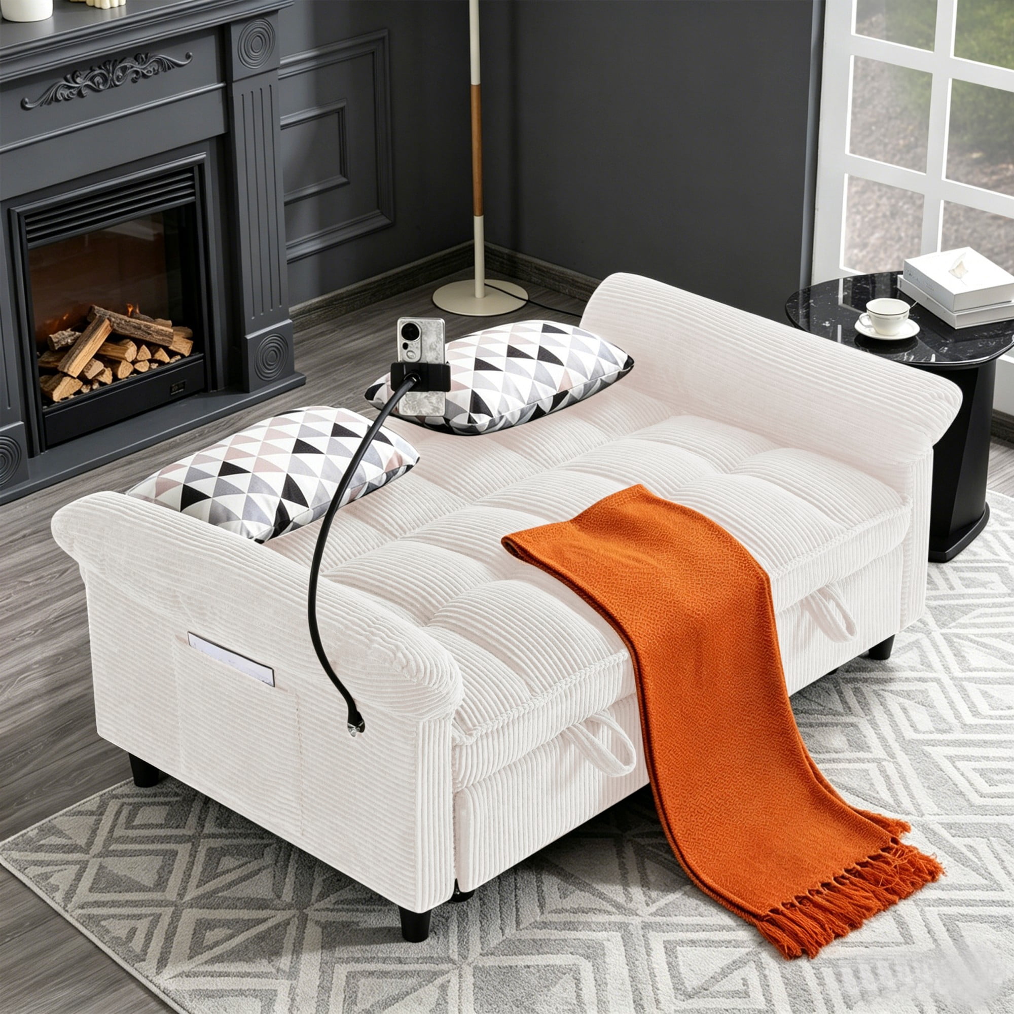 BSHTI 58.27" Corduroy Convertible Sofa Bed with Pull Out Sleeper, 3-Position Backrest, Storage Pocket for Living Room Guest Room, Black（Beige）
