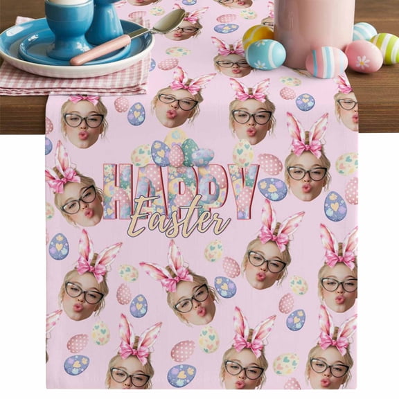 Happy Easter Table Runner, Cute Rabbit Ears Face Pink Purple Eggs Bowknots Pink Cotton Linen Kitchen Table Decoration Washable Dining Tabletop Runners for Home Party Decor 13x36 Inches