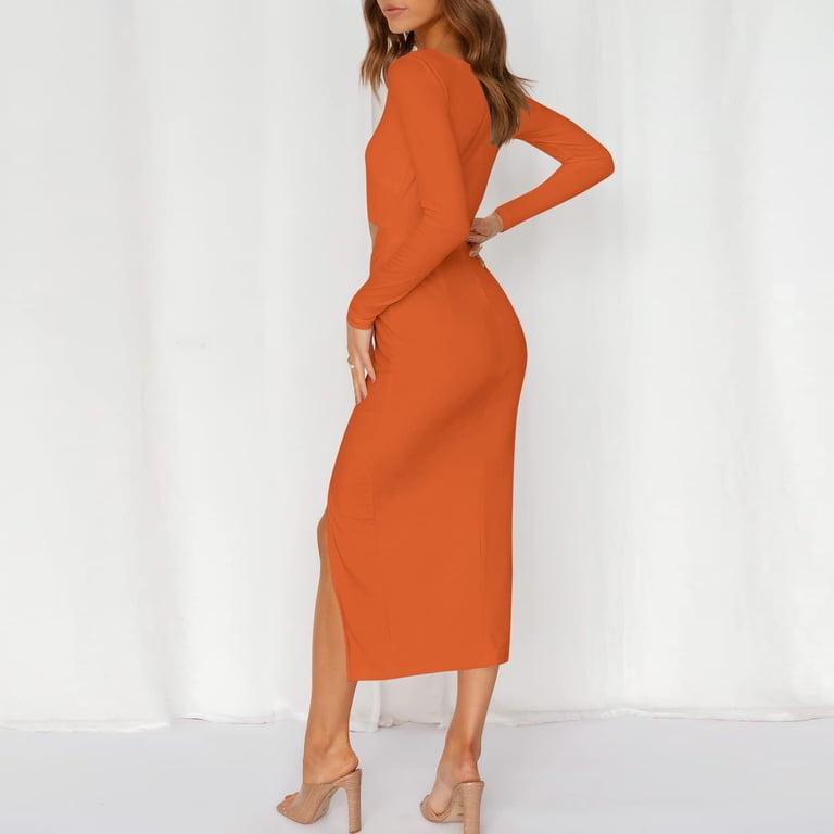 Midi Dresses for Women Long Sleeve Twist Front Cutout Slim Fit Dress Solid  Color Crewneck Side Slit Tight Formal Dress - Walmart.com