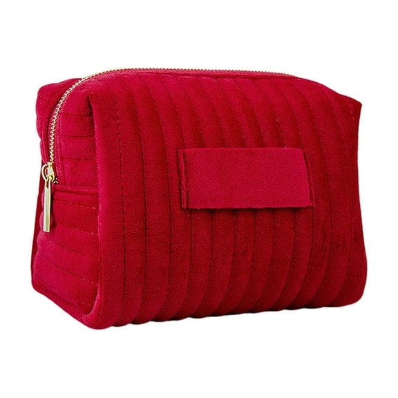 Yooshoverk Velvet Makeup Bag - Embroidered Striped Cosmetic Organizer Pouch - Travel Toiletry Case for Women - Soft Lining (7x5 inch)