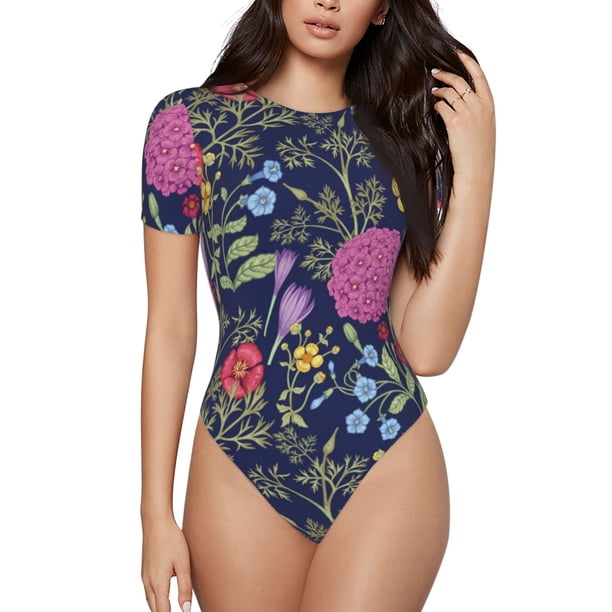 Balery Floral Body de cuello redondo de manga corta para mujer Tops de manga corta Tops básicos-Large