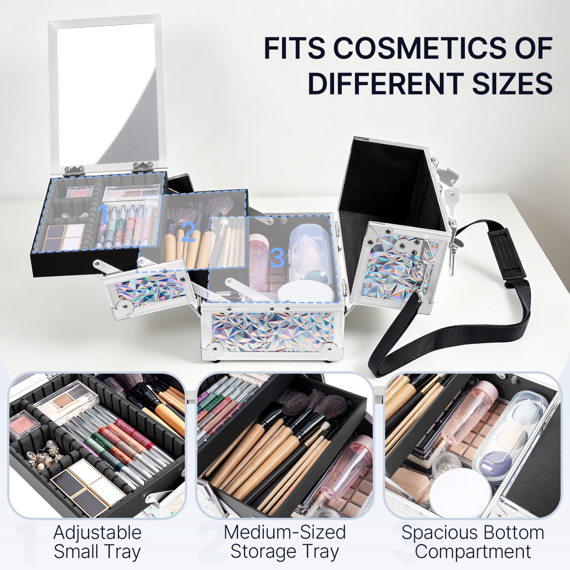 Alden Design Lockable Makeup Train Case with Mirror and 2 Trays, Silver