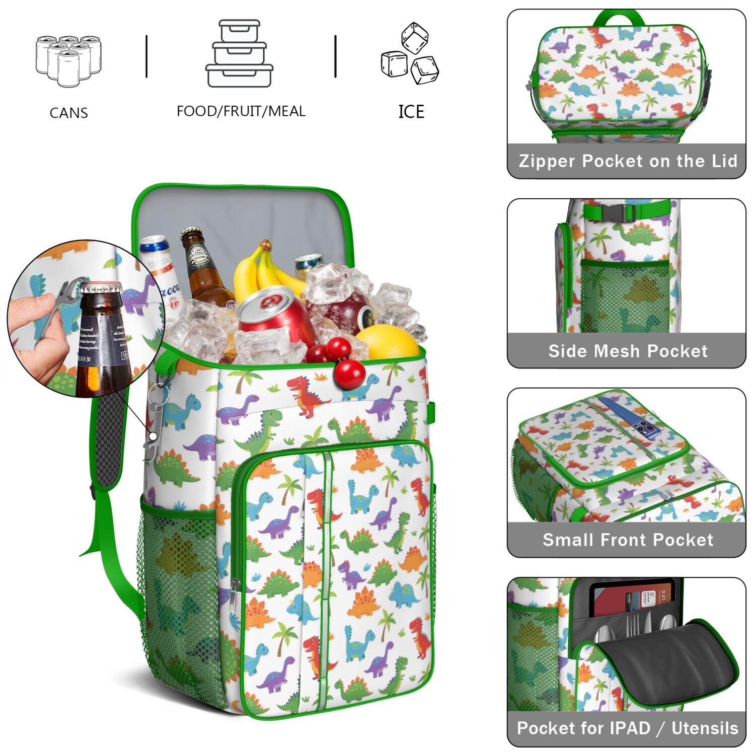 Travel Cooler Bag - White Dinosaurs Colorful Species Palms Pattern Camping Beer Cooler Backpack with Bottle Opener- Waterproof Insulated Picnic Backpacks - Cooler Bag for Beach
