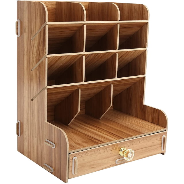 Estante de almacenamiento de escritorio de madera, portalápices multifunción, caja de papelería, organizador de escritorio con múltiples ranuras para suministros de arte para escuela, hogar