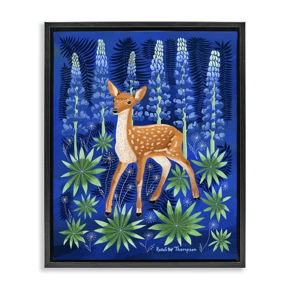 Stupell Industries Fawn & Lupine Flowers Animals Painting Black Floater Framed Canvas Art Print Wall Art, 17 x 21