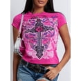 thumbnail image 4 of Yunliwuli Women Short Sleeve T-Shirts Fashion Cross Print Crew Neck Shirts Summer Casual Slim Fit Tops Streetwear, 4 of 10