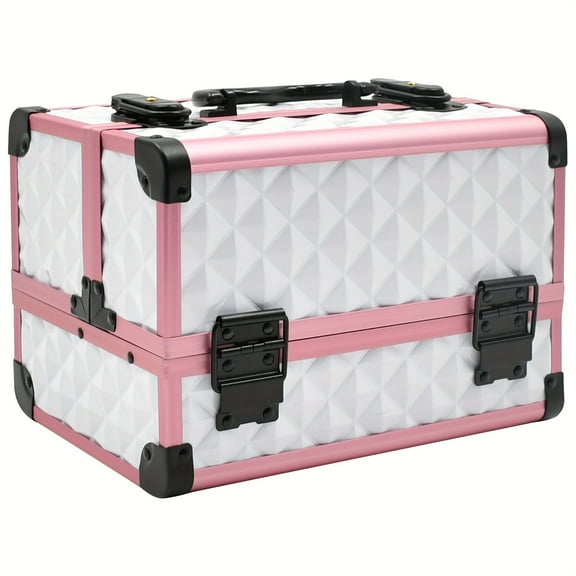 Aluminum Alloy Train Case - Professional Lockable Makeup Box with Handle, Large Portable Storage for Beauty Accessories, Pink/White (1pc)