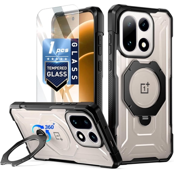 Poetic for OnePlus 15 Case, | Compatible with MagSafe | 360° Rotate Magnetic Ring Kickstand | Military Grade Drop Proof Protection Cover | Tempered Glass Screen Protector | Black/Clear