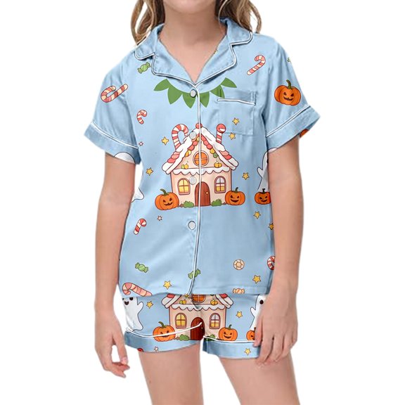 Toddler Outfits for Girls 2 Piece Halloween Cartoon Print Lapel Short Sleeve Pocket Top And Shorts Loungewear Girls' Clothing Sets 3 Years-4 Years