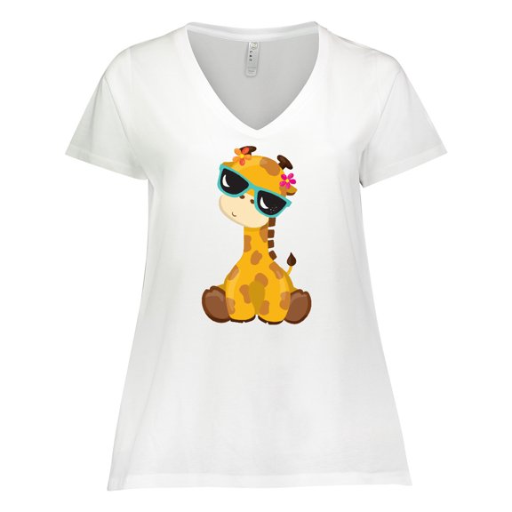 Inktastic Giraffe With Blue Sunglasses, Cute Giraffe Women's Plus Size V-Neck T-Shirt