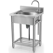 Utility Sink Stainless Steel Free Standing Single Bowl with Cold and Hot Water Pipe - Ideal for Laundry Room, Bathroom, and Farmhouse