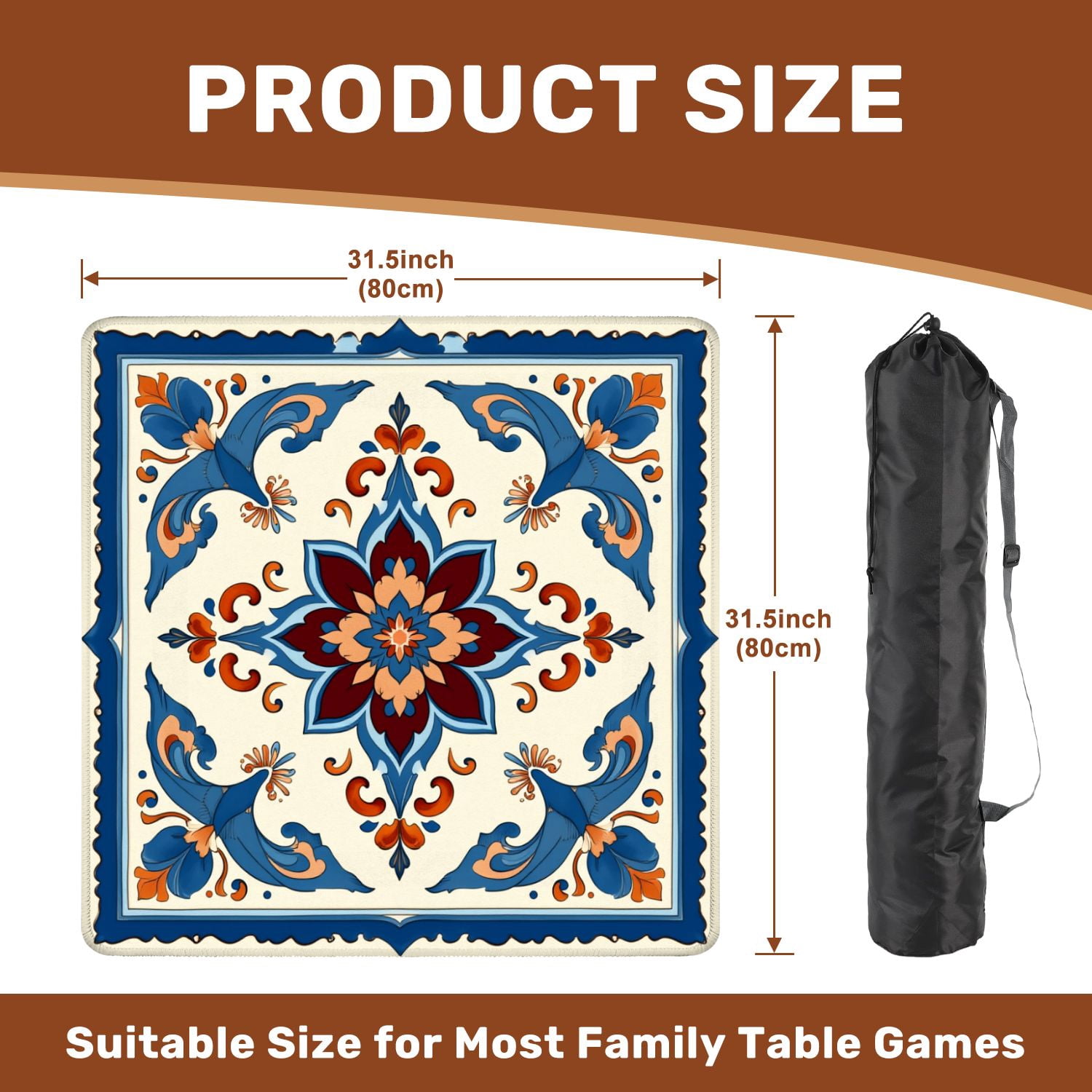 Mahjong Mat 31.5" x 31.5" Ornamental Floral Tile Blue Orange Symmetrical Design Non-Slip Noise Reduction American Mahjong Tiles Table Cover for Dominoes Poker Card Board Games Gift
