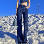 Aellinatey Women High Waist Straight Jeans Pants Asymmetrical Plaid Floral Denim Trousers