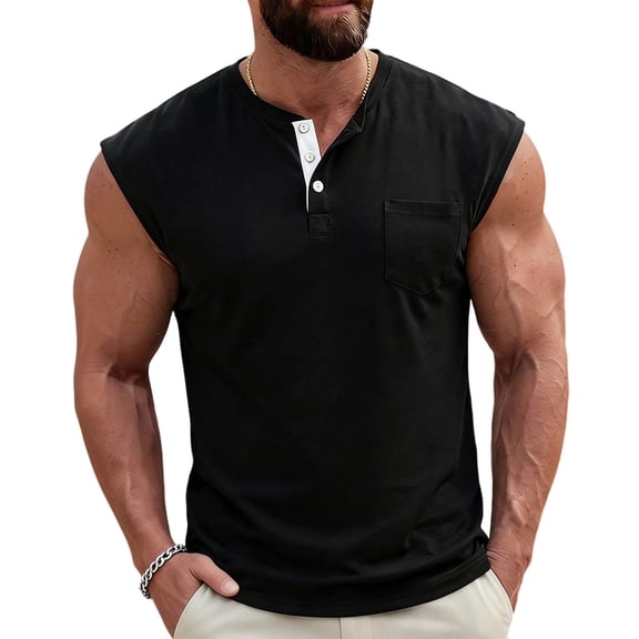 Fewfanhot Men's Sleeveless Henley Tank Top, Casual Button Down V-Neck Vest with Chest Pocket, Summer Breathable Cotton Blend Tank for Daily Outdoor Gym Wear