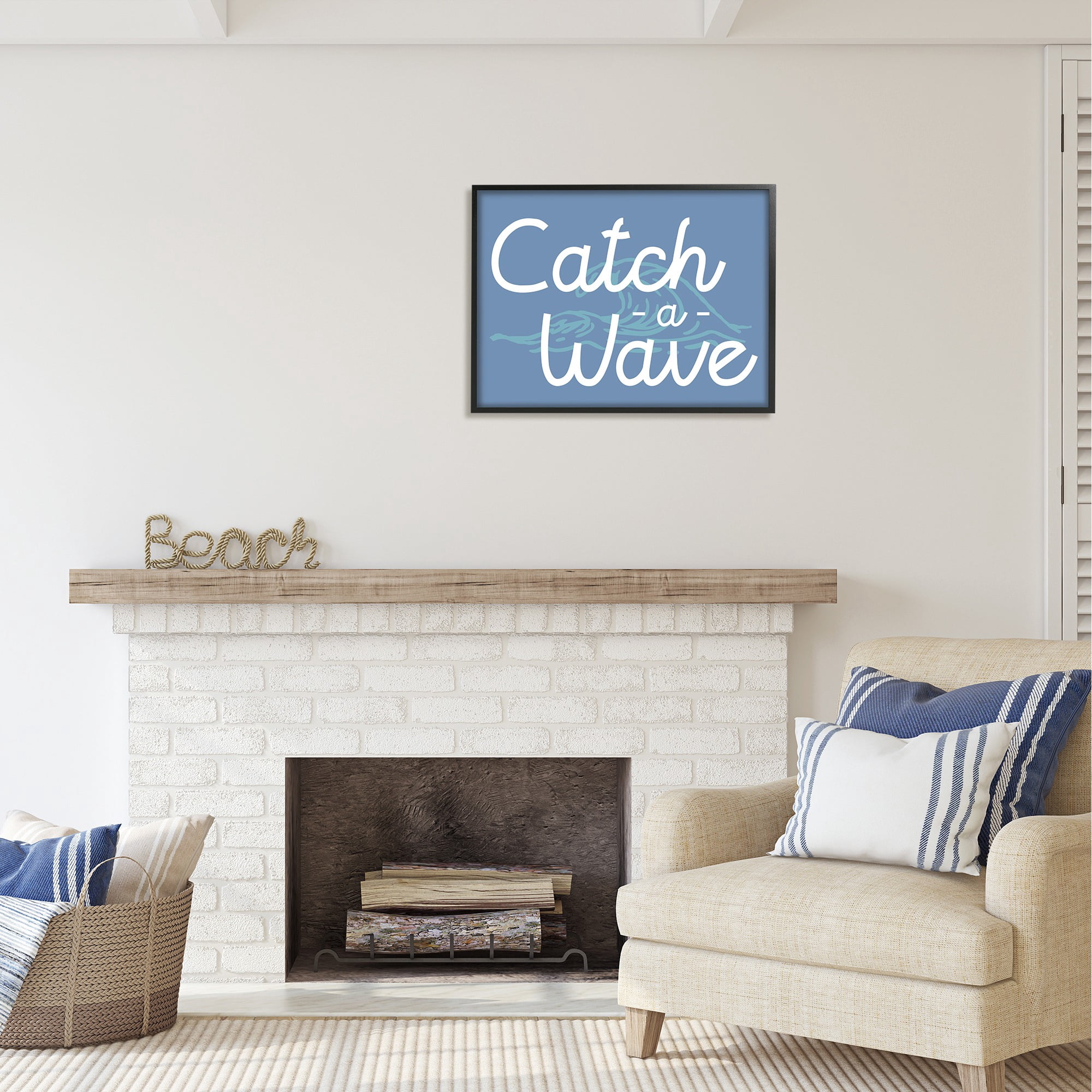 Stupell Industries Catch a Wave on Blue Landscape Painting Black Framed Art Print Wall Art, 30 x 24