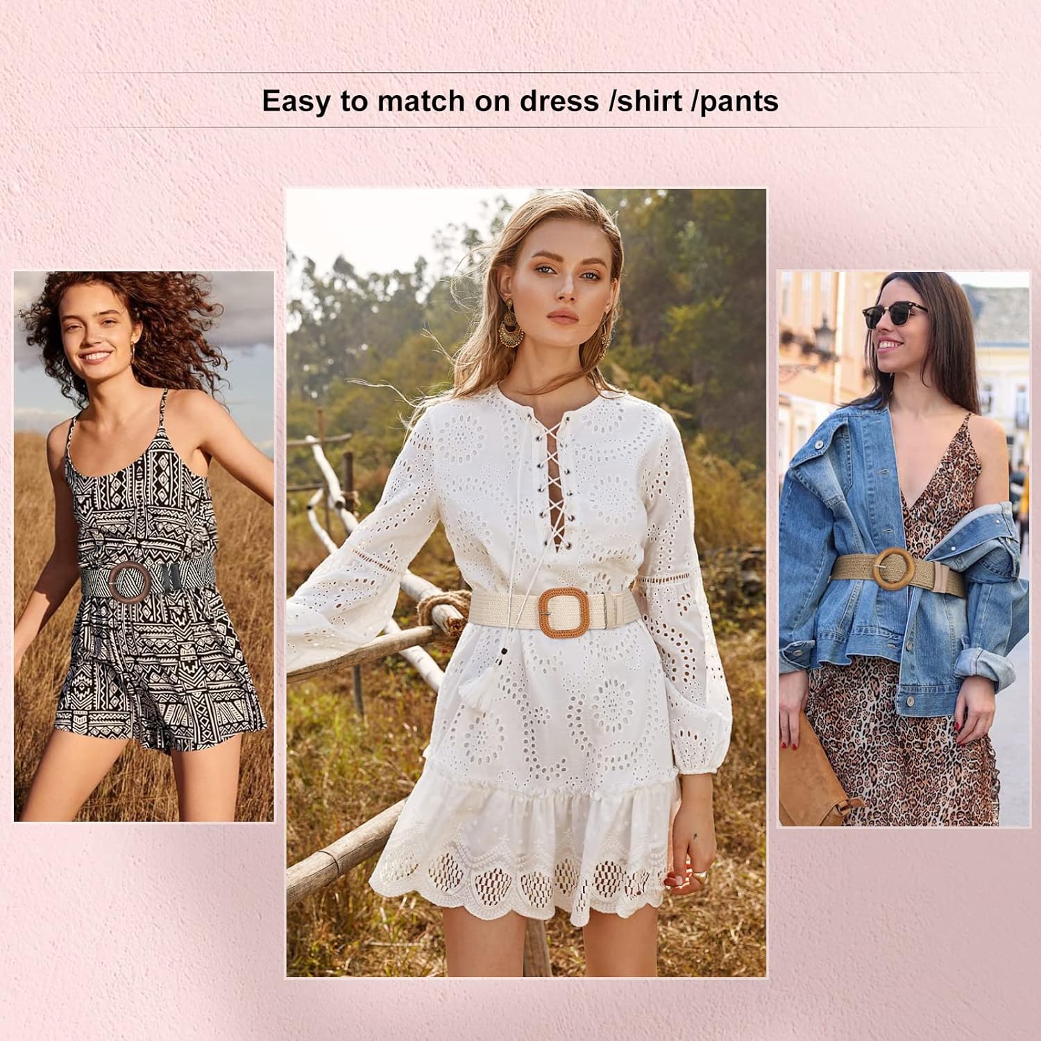 4 Pack Straw Woven Elastic Stretch Waist Belt Fashion Boho 