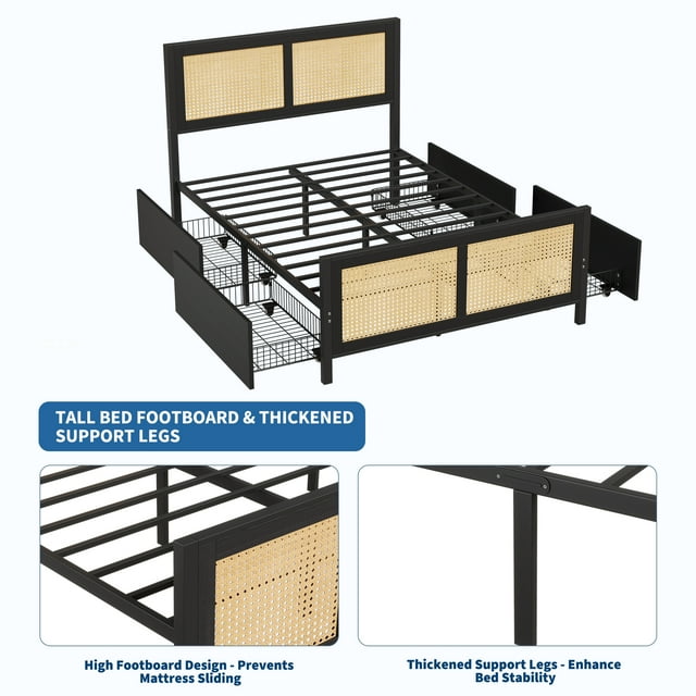 Boho Cane Design Rattan Platform Bed Frame with LED Headboard – King Size, 4 Large Storage Drawers, Sturdy Metal Slats, Noise-Free, No Box Spring Needed, Easy Assembly – Headboard & Footboard