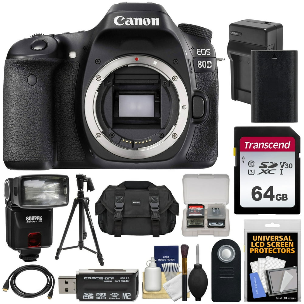 Canon EOS 80D WiFi Digital SLR Camera Body with 64GB Card + Battery + Charger + Case + Flash