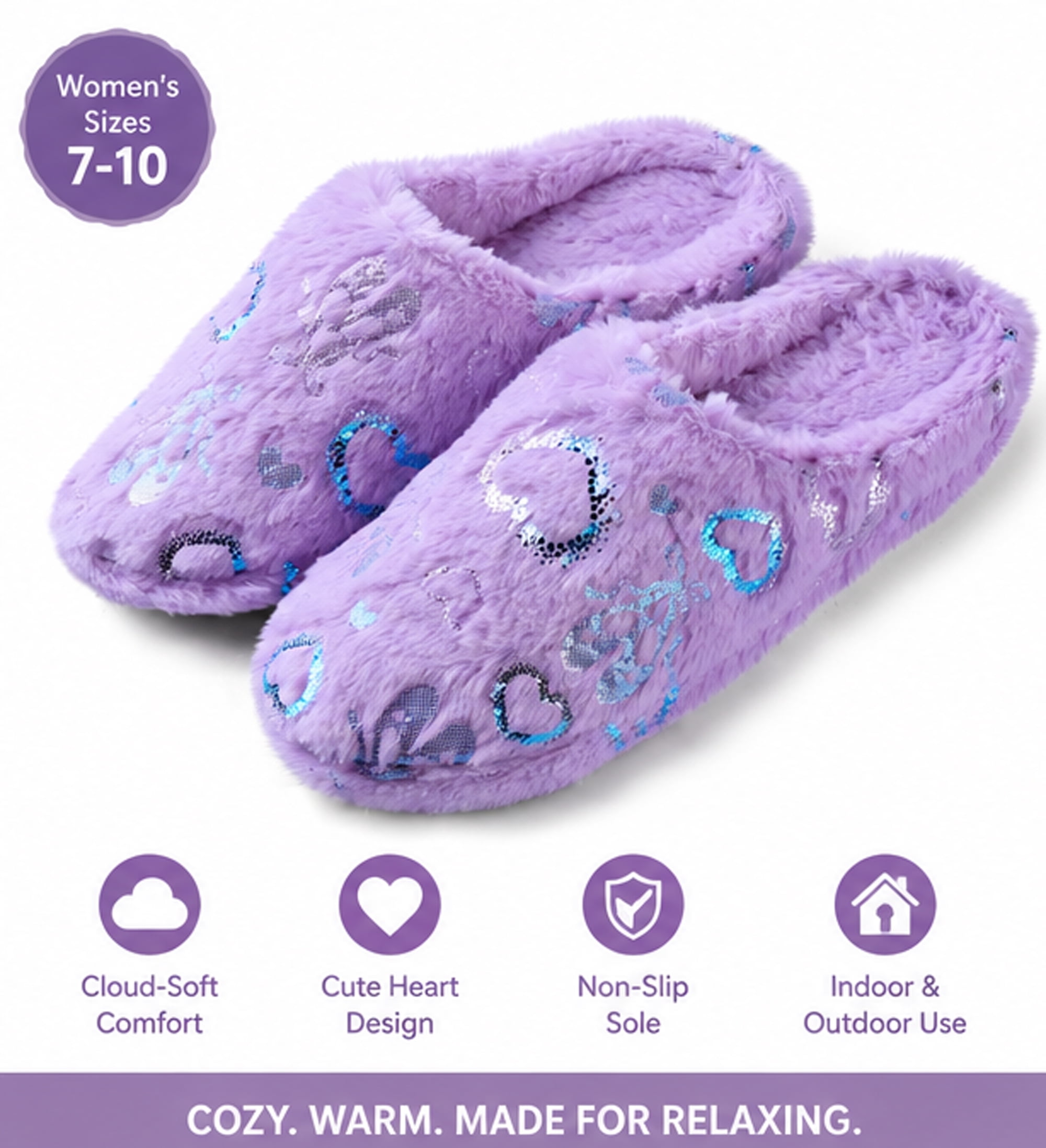 Aerusi Women’s Fuzzy Heart House Slippers, Closed Toe Slip-On Warm Plush Indoor Outdoor Shoes, Non-Slip Sole