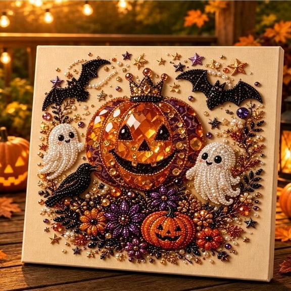 5D Diamond Art Kit, Halloween Pumpkin Castle Diamond Painting Kit with Faceted Resin Beads and Canvas, DIY Craft Decoration for Adults and Family Activities