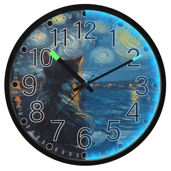 Ryvnso Starry Night Cat 12 Inch Night Light Wall Clock Silent Battery Operated Luminous Clocks
