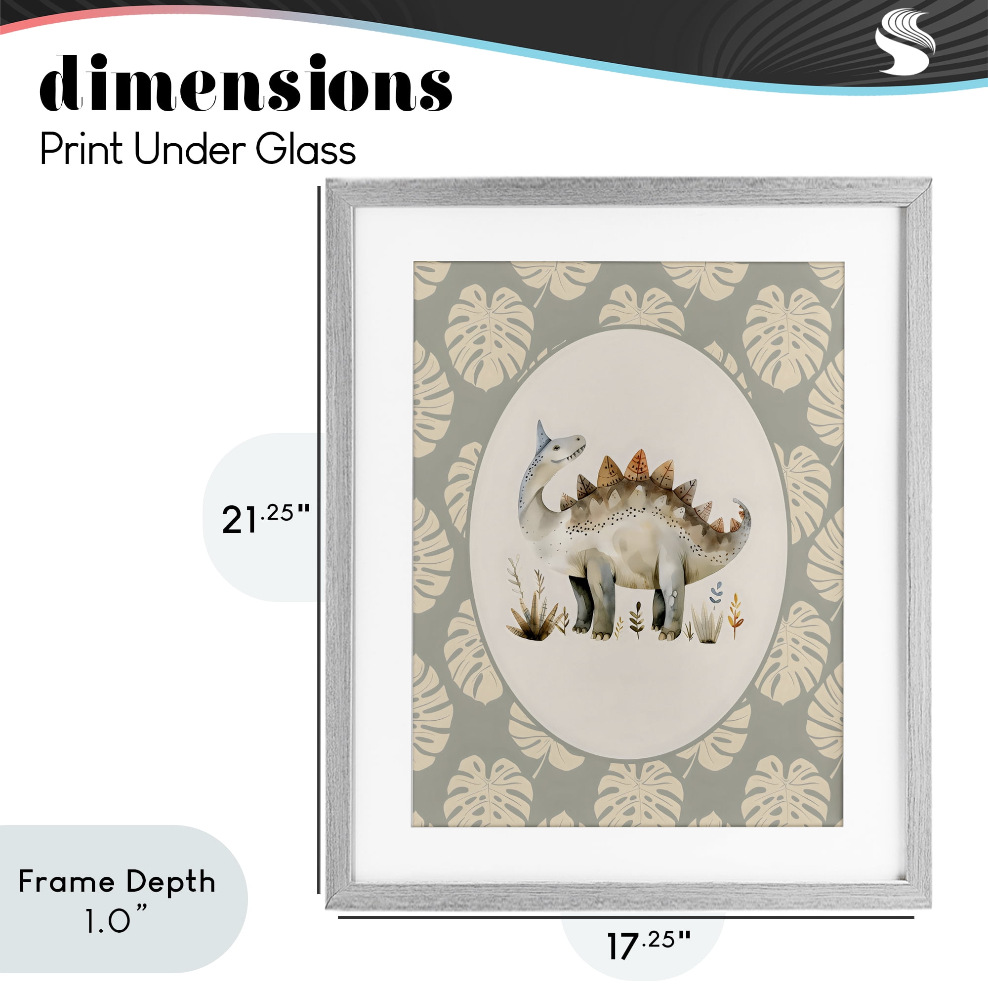 Stupell Industries Watercolor Dinosaur Monstera Border Gray Framed Print Under Glass, design by LSR Design Studio