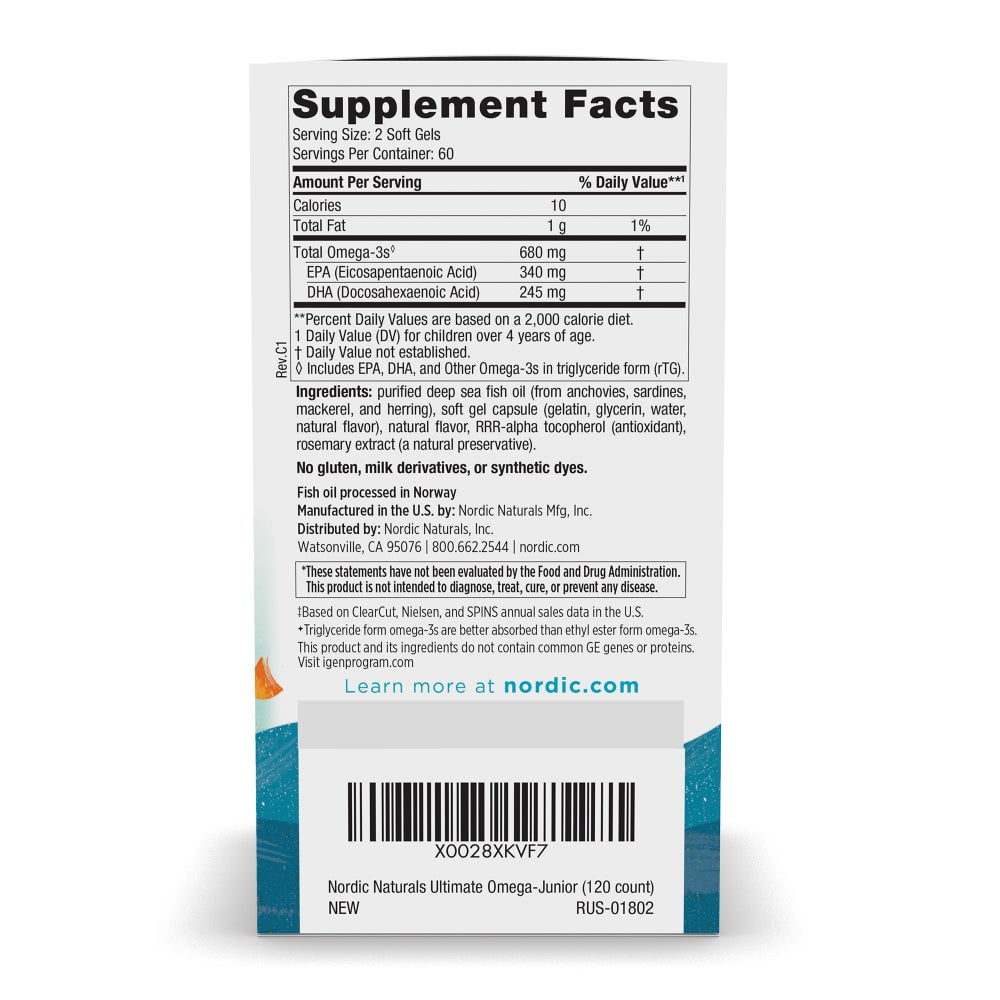 Nordic Naturals Ultimate Omega Junior Softgels, 680 Mg, Fish Oil, 120 Ct