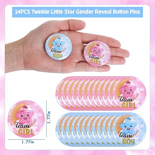 Serencatcher Twinkle Twinkle Little Star Gender Reveal Button Pins, 24pcs Twinkle Little Star Gender Reveal Team Girl or Team Boy Button Pins, Moon Star Party Favor Gift Tags for He or She Baby