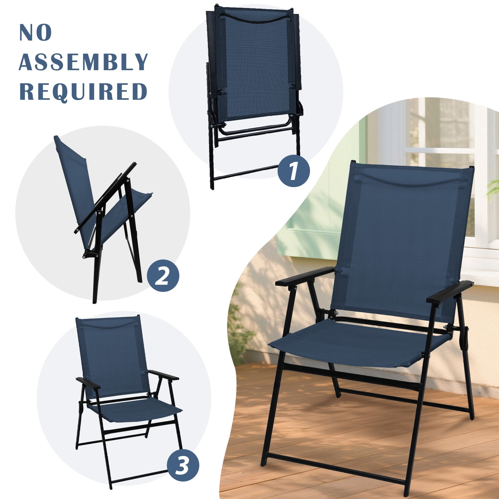 Set of 4 Outdoor Folding Chairs, Portable Patio Dining Chairs with Armrests & High Back, Sturdy Steel Frame for Garden, Lawn, Poolside, Camping (blue)