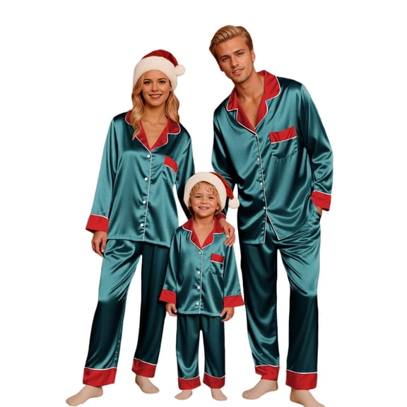 Matching Family Pajamas Christmas Silk Pajamas Holiday Sleepwear Long Sleeve Button down Nightwear Set Mommy and Me Pjs Christmas Pjs Men
