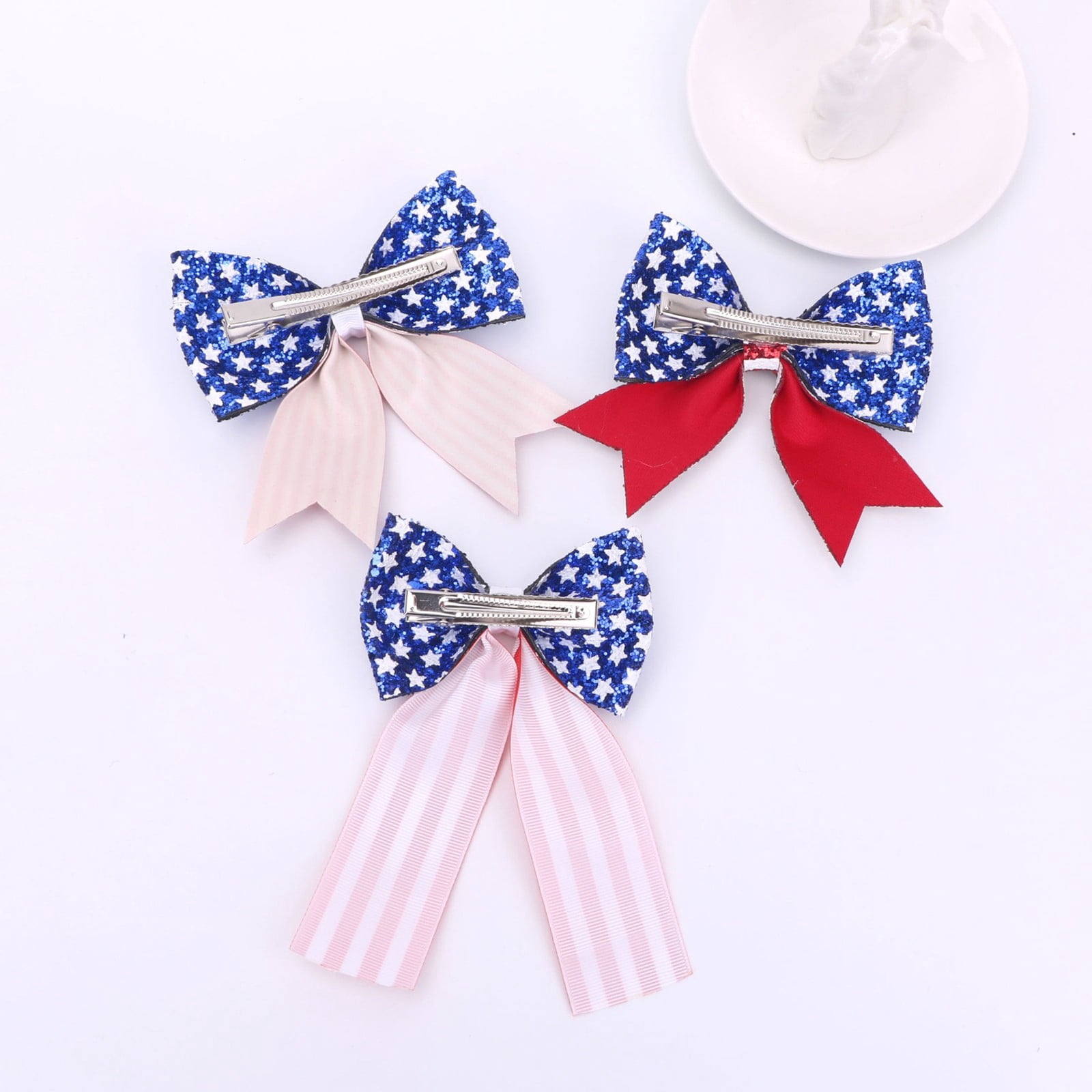 Patriotic Cheerleader Ponytail Holder for Girls, Red White Blue Cheer Bow Hair Ties. Durable Leather Metal 2026 Party Supply,6PC