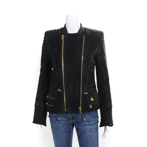 Pre-owned|Balmain Womens High Neck Gold Tone Suede Jacket Black Size 38 - Walmart.com