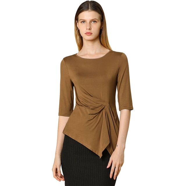 Blusa Allegra K Dobladillo Asimétrico Mangas Acanaladas 3/4 Cuello Redondo Casual Mujer Caqui XS