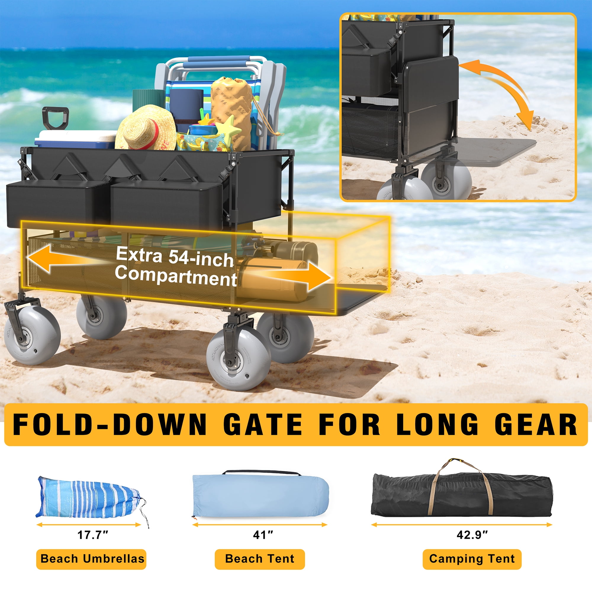 GDLF Beach Wagon, Double Decker Utility Cart with 500lb Capacity & 9" All-Terrain Balloon Tires, Collapsible Heavy Duty Buggy for Camping, Sports, Groceries
