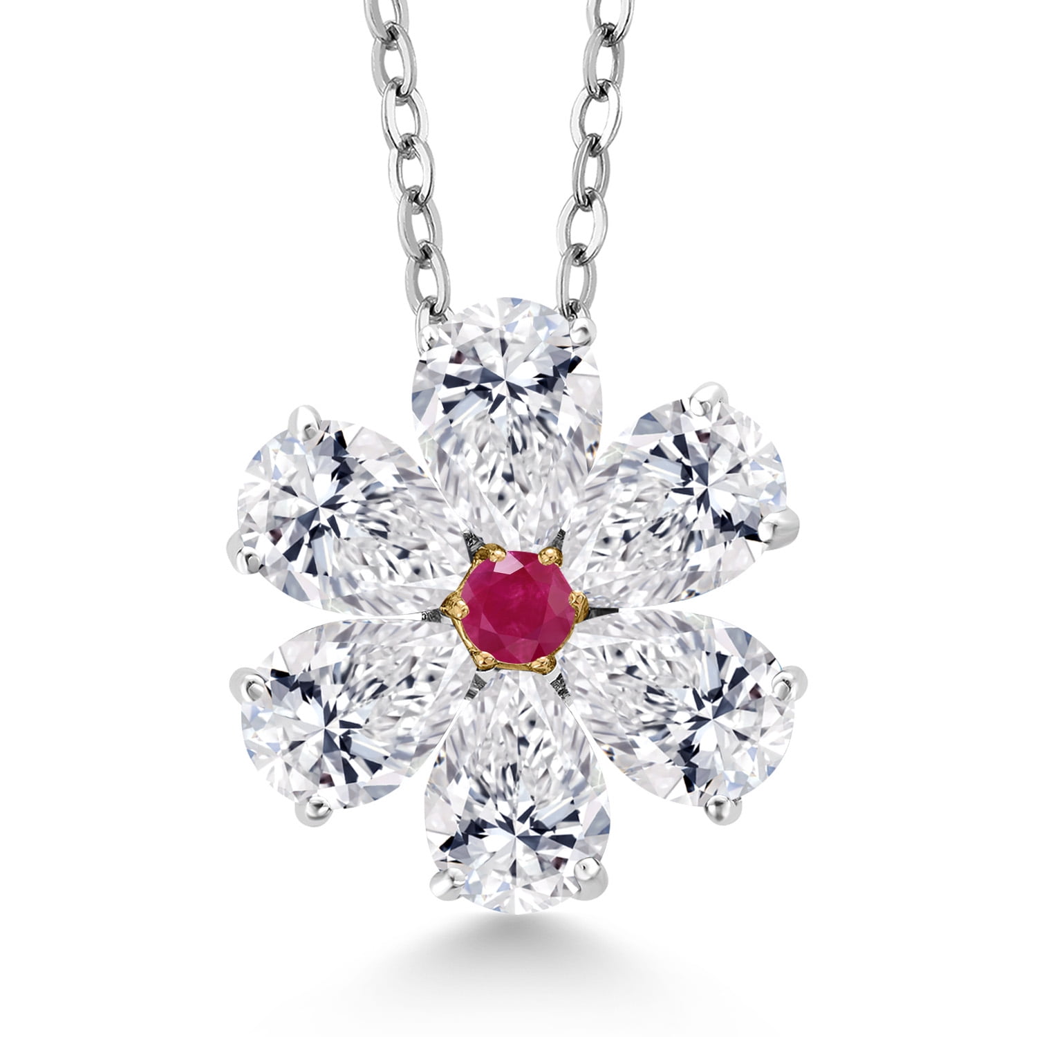 Gem Stone King 925 Silver and 10K Yellow Gold Lab Grown Diamond and Red Ruby Pendant Necklace for Women | 2.16 Cttw | Gemstone April Birthstone | Pear Shape 6X4MM | With 18 inch Chain