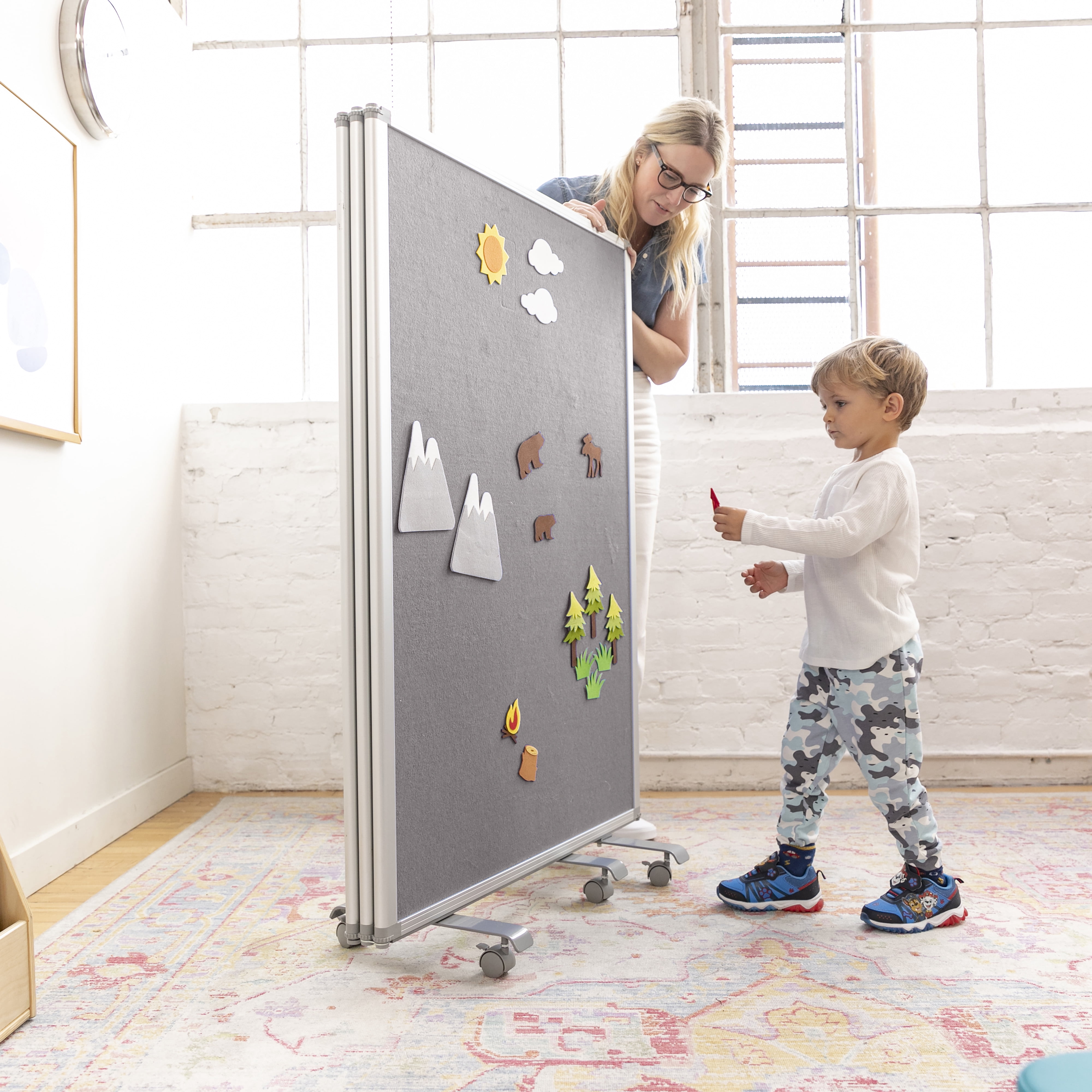 ECR4Kids Mobile Dry-Erase and Flannel Room Divider, 3-Panel, School Supplies, Grey
